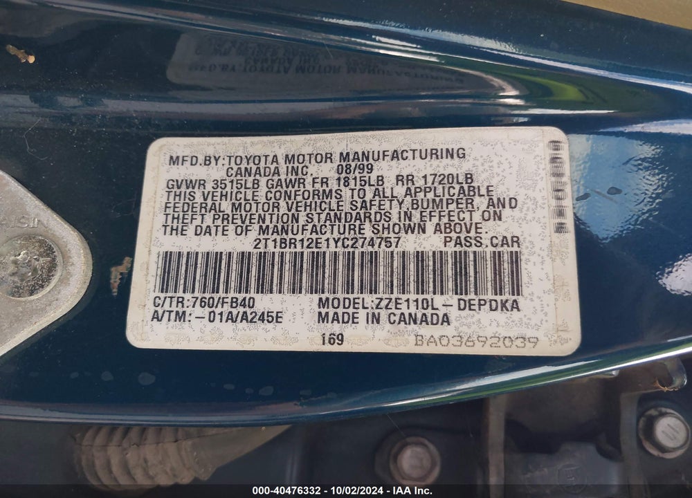 2000 TOYOTA COROLLA VIN: 2T1BR12E1YC274757