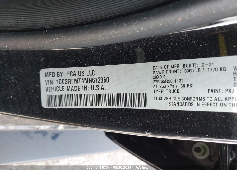 2021 RAM 1500 BIG HORN 4X4 6'4 BOX VIN: 1C6SRFMT4MN672360