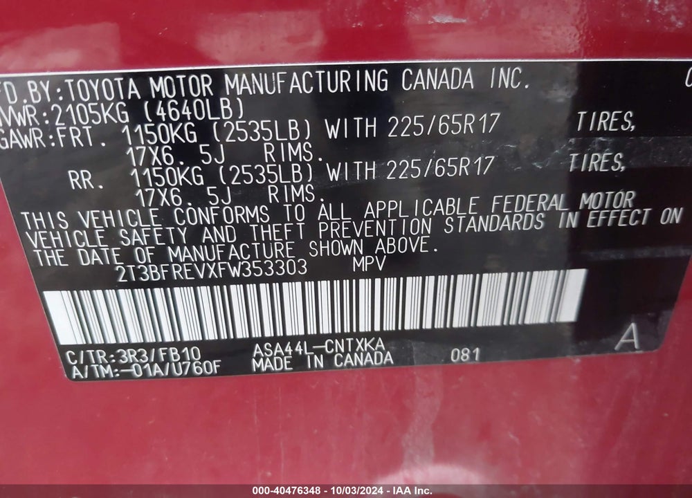 2015 TOYOTA RAV4 LE VIN: 2T3BFREVXFW353303