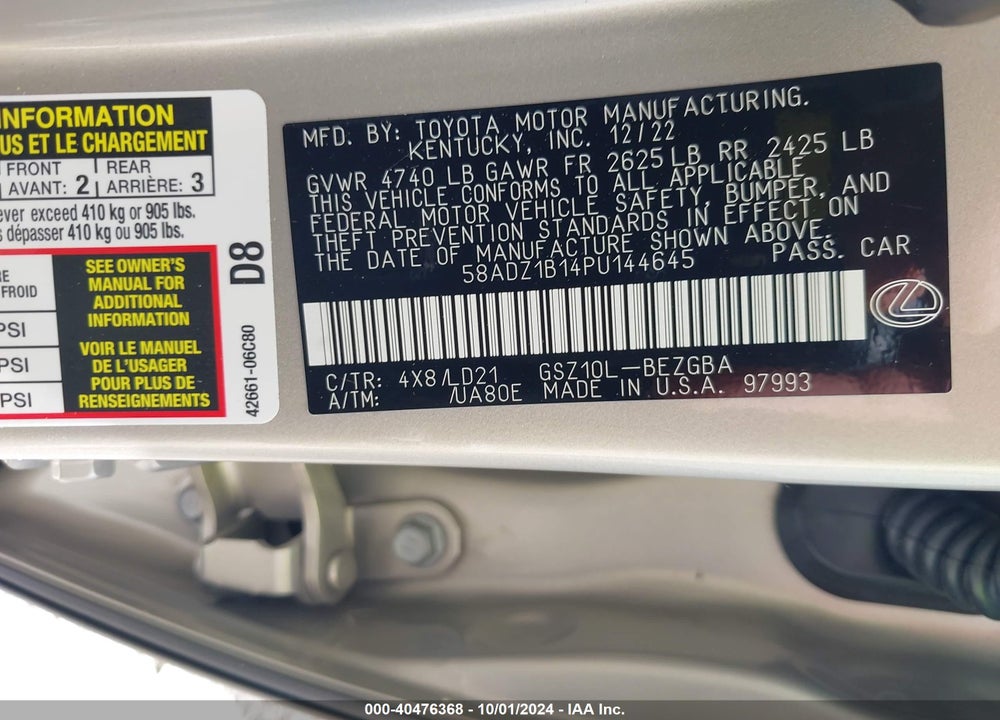 2023 LEXUS ES 350 VIN: 58ADZ1B14PU144645