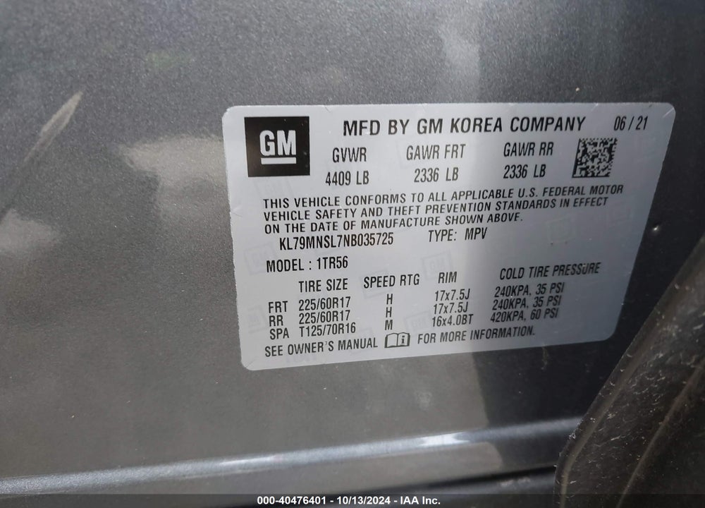 2022 CHEVROLET TRAILBLAZER AWD LS VIN: KL79MNSL7NB035725