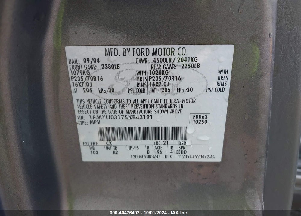 2005 FORD ESCAPE XLT VIN: 1FMYU03175KB43191