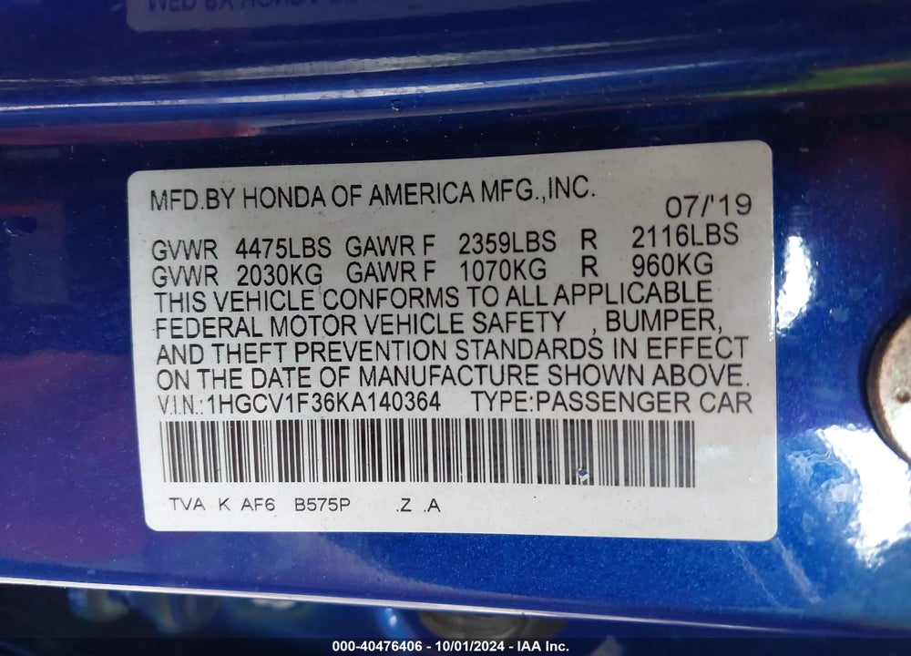 2019 HONDA ACCORD SPORT VIN: 1HGCV1F36KA140364