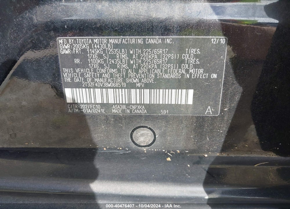 2011 TOYOTA RAV4 VIN: 2T3ZF4DV3BW068519