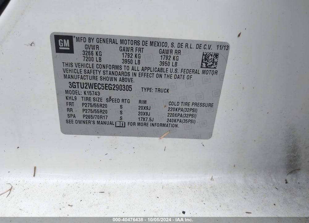 2014 GMC SIERRA 1500 DENALI VIN: 3GTU2WEC5EG290305