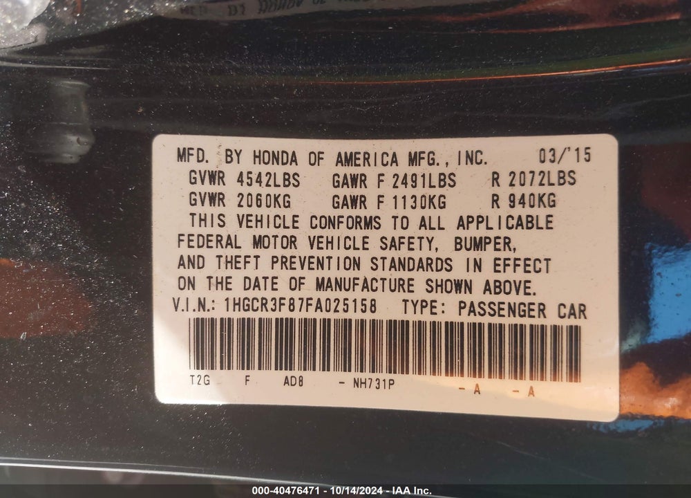 2015 HONDA ACCORD EX-L V-6 VIN: 1HGCR3F87FA025158
