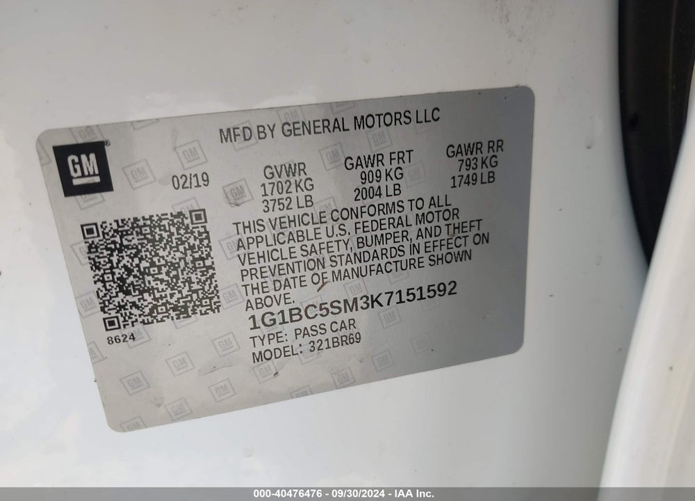 2019 CHEVROLET CRUZE LS VIN: 1G1BC5SM3K7151592