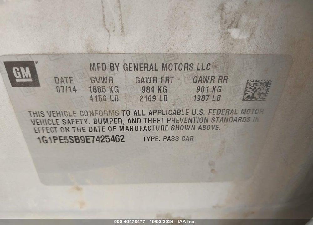 2014 CHEVROLET CRUZE 2LT AUTO VIN: 1G1PE5SB9E7425462