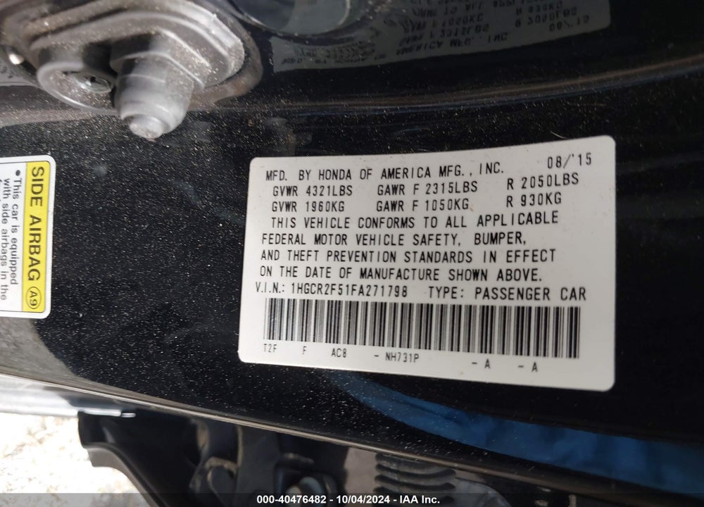 2015 HONDA ACCORD SPORT VIN: 1HGCR2F51FA271798