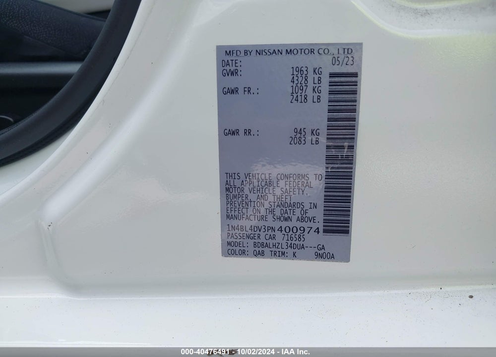 2023 NISSAN ALTIMA SV FWD VIN: 1N4BL4DV3PN400974