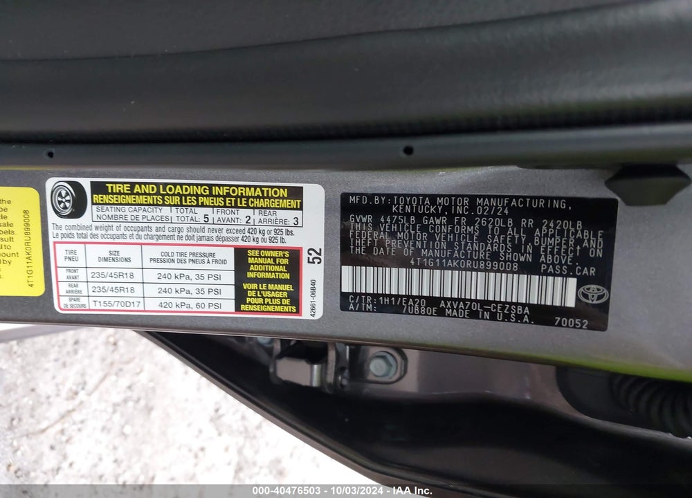 2024 TOYOTA CAMRY SE VIN: 4T1G11AK0RU899008