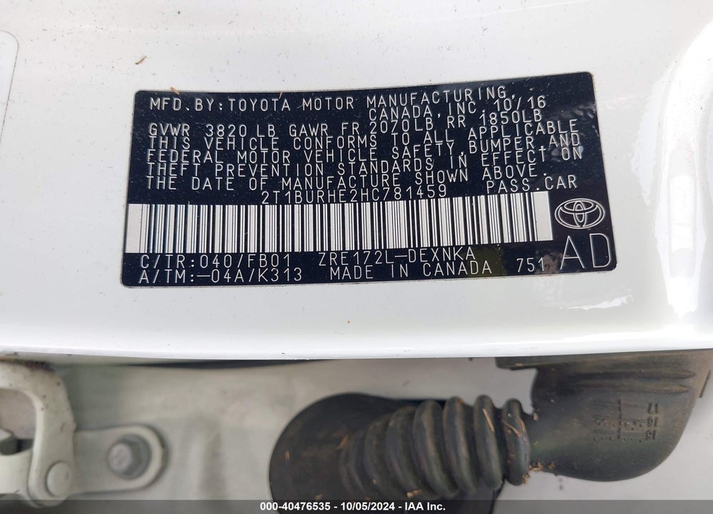 2017 TOYOTA COROLLA LE VIN: 2T1BURHE2HC781459