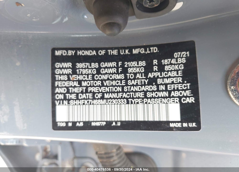 2021 HONDA CIVIC EX VIN: SHHFK7H68MU230333