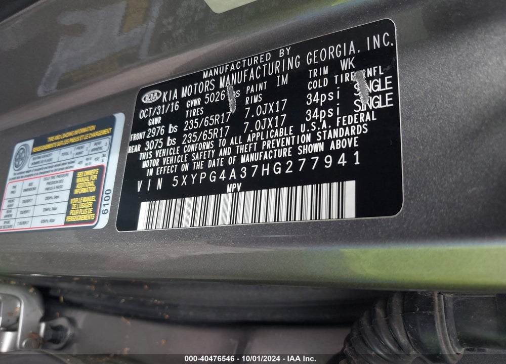 2017 KIA SORENTO 2.4L LX VIN: 5XYPG4A37HG277941