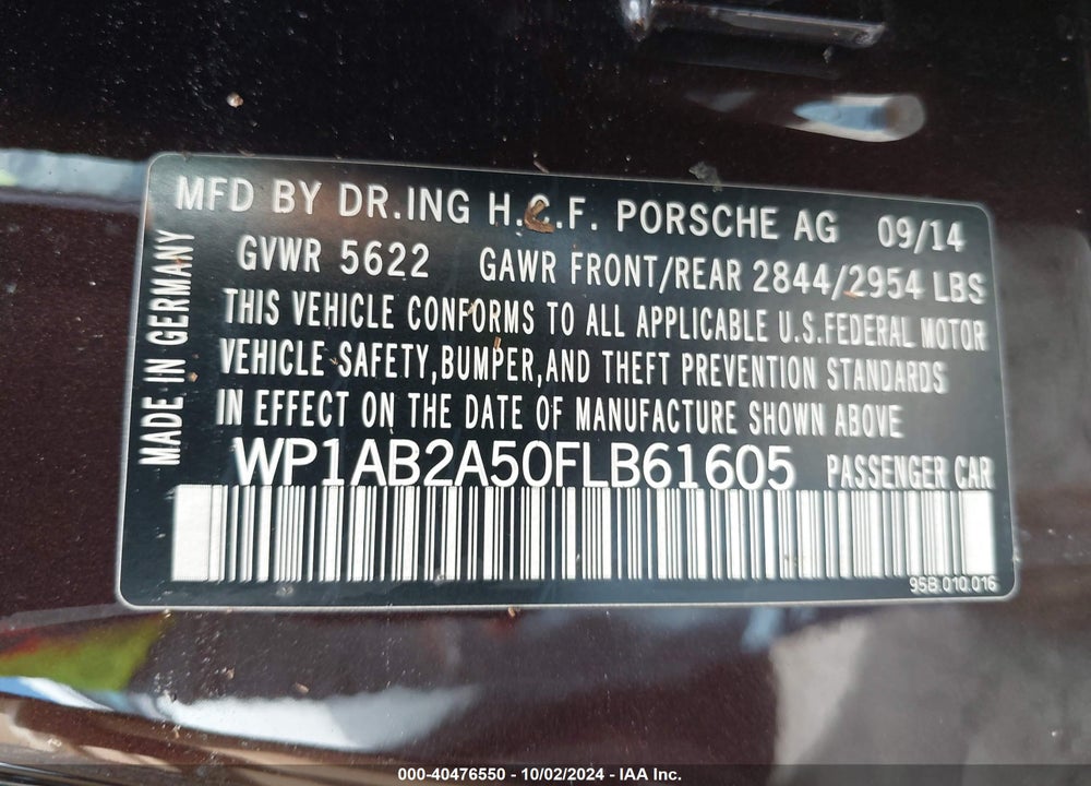 2015 PORSCHE MACAN S VIN: WP1AB2A50FLB61605