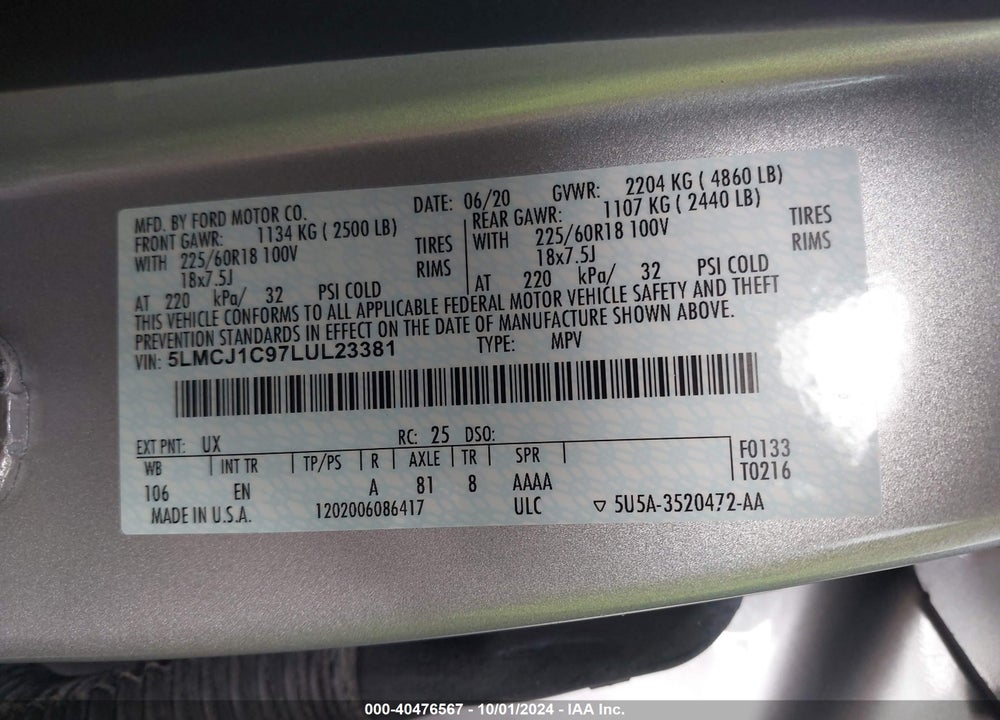 2020 LINCOLN CORSAIR STANDARD VIN: 5LMCJ1C97LUL23381