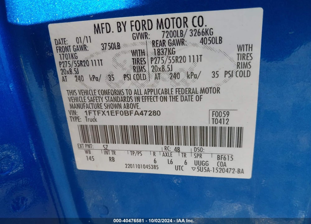 2011 FORD F-150 FX4 VIN: 1FTFX1EF0BFA47280
