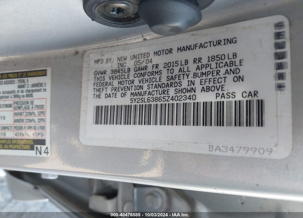 2005 PONTIAC VIBE VIN: 5Y2SL63865Z402340