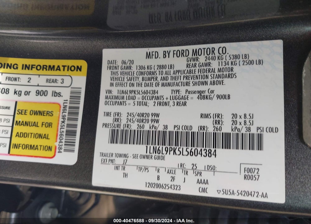 2020 LINCOLN CONTINENTAL STANDARD VIN: 1LN6L9PK5L5604384