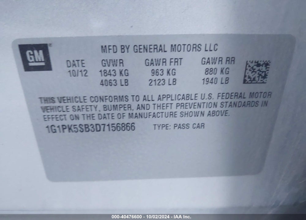 2013 CHEVROLET CRUZE VIN: 1G1PK5SB3D7156866