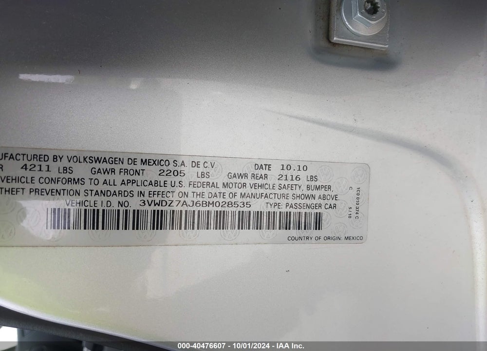 2011 VOLKSWAGEN JETTA 2.5L SE VIN: 3VWDZ7AJ6BM028535