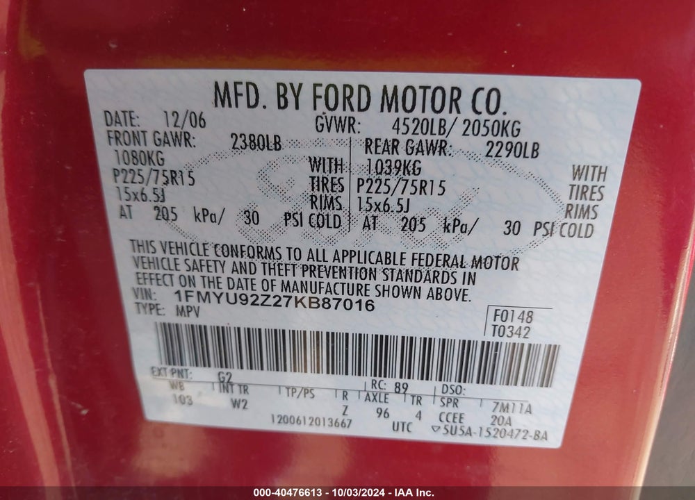 2007 FORD ESCAPE XLS/XLS MANUAL VIN: 1FMYU92Z27KB87016