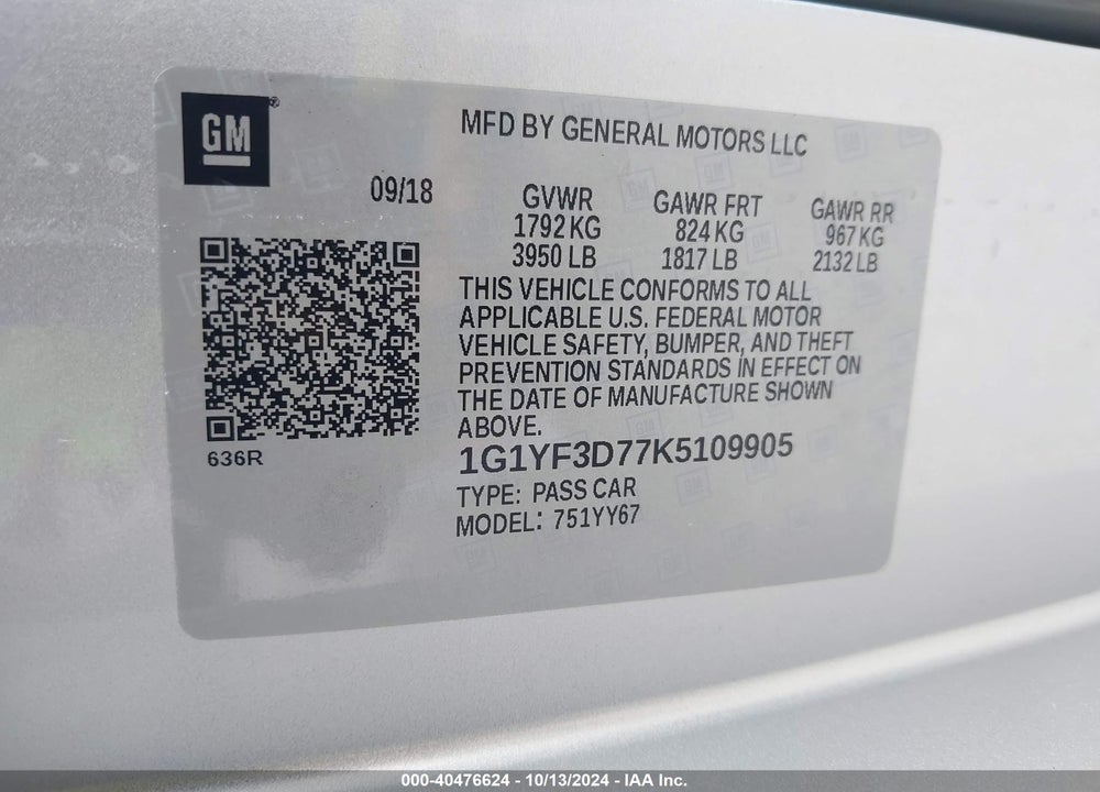 2019 CHEVROLET CORVETTE STINGRAY VIN: 1G1YF3D77K5109905
