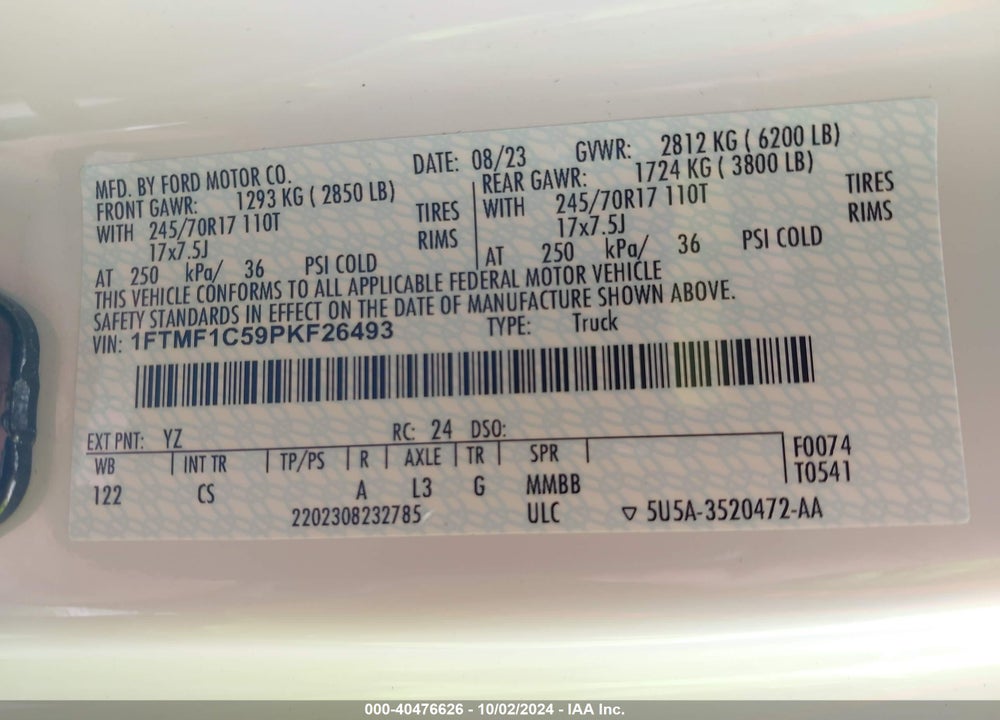 2023 FORD F-150 XL VIN: 1FTMF1C59PKF26493