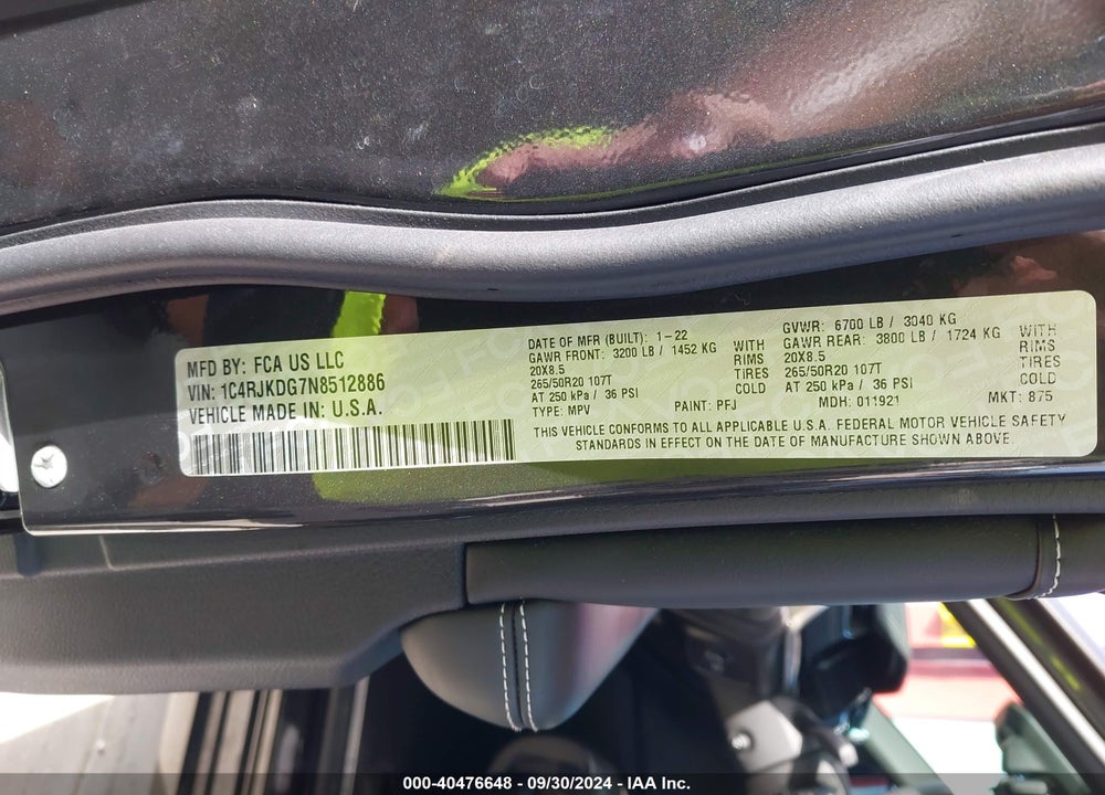 2022 JEEP GRAND CHEROKEE L OVERLAND VIN: 1C4RJKDG7N8512886