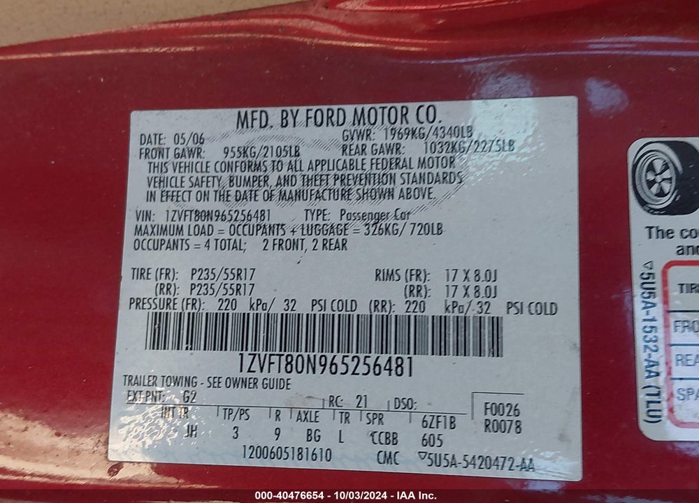 2006 FORD MUSTANG V6 VIN: 1ZVFT80N965256481