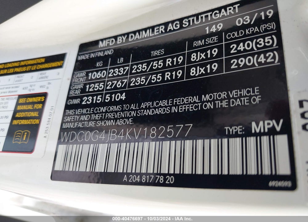 2019 MERCEDES-BENZ GLC 300 VIN: WDC0G4JB4KV182577