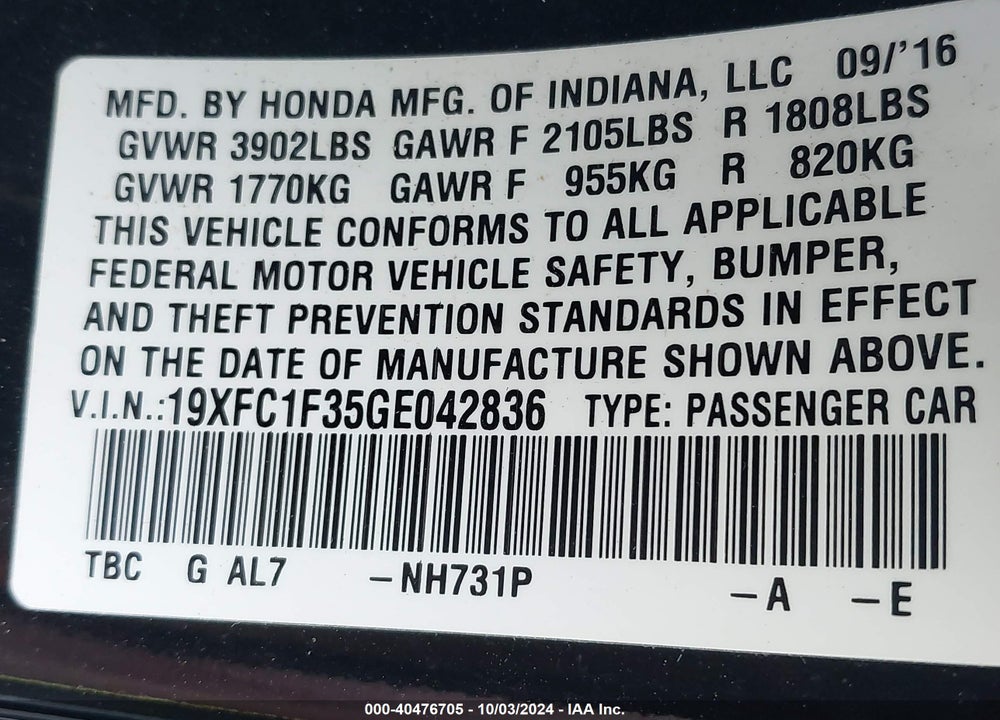 2016 HONDA CIVIC EX-T VIN: 19XFC1F35GE042836