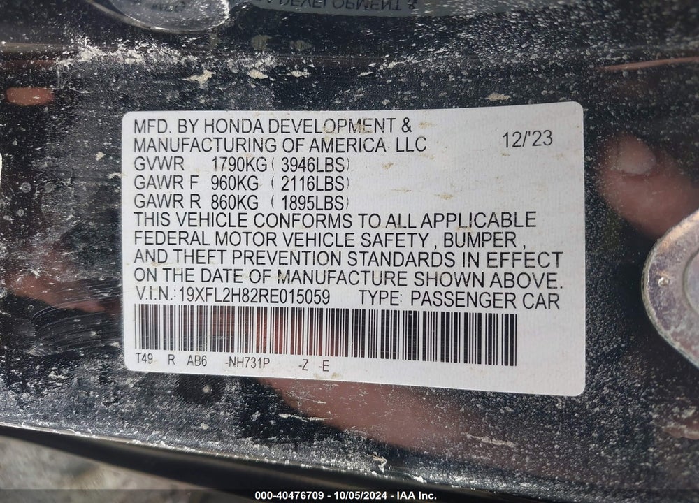 2024 HONDA CIVIC SPORT VIN: 19XFL2H82RE015059