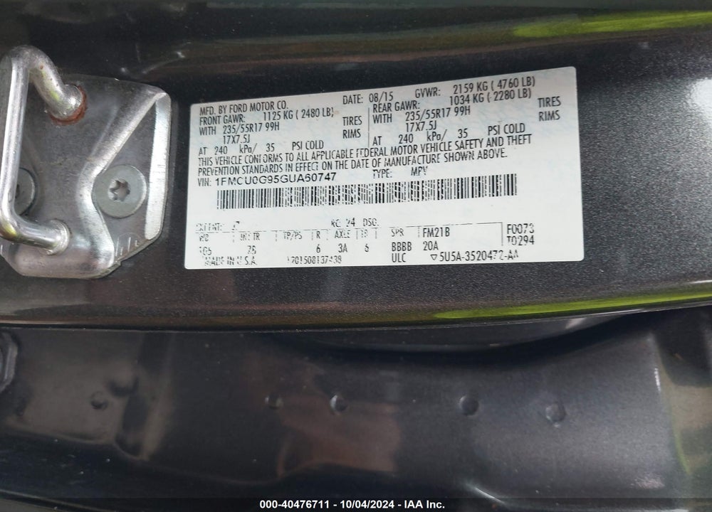 2016 FORD ESCAPE SE VIN: 1FMCU0G95GUA60747