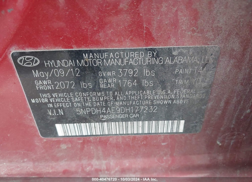 2013 HYUNDAI ELANTRA GLS VIN: 5NPDH4AE9DH177232