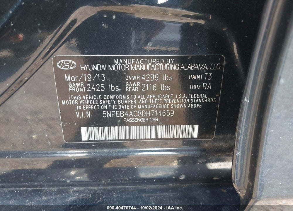 2013 HYUNDAI SONATA GLS VIN: 5NPEB4AC8DH714659