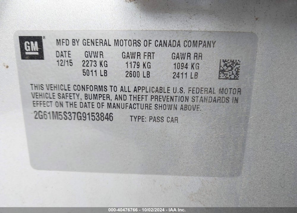 2016 CADILLAC XTS LUXURY COLLECTION VIN: 2G61M5S37G9153846