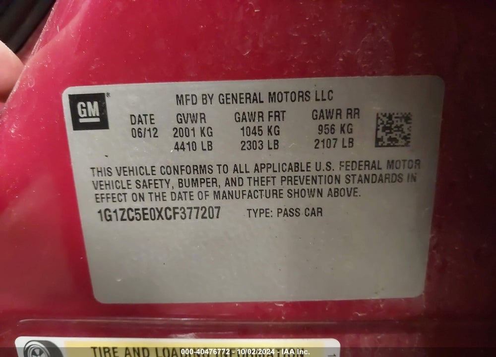 2012 CHEVROLET MALIBU 1LT VIN: 1G1ZC5E0XCF377207