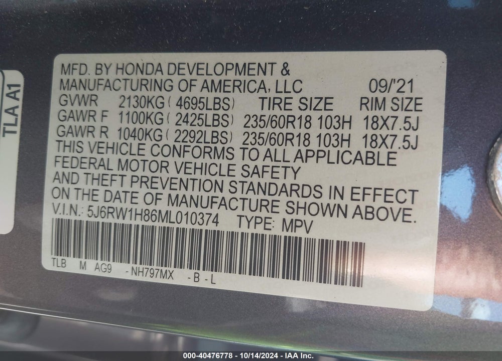 2021 HONDA CR-V 2WD EX-L VIN: 5J6RW1H86ML010374