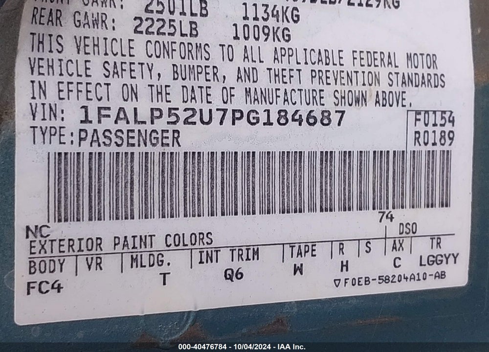 1993 FORD TAURUS GL VIN: 1FALP52U7PG184687