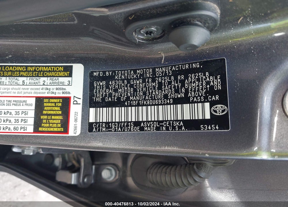 2013 TOYOTA CAMRY SE VIN: 4T1BF1FK8DU693349