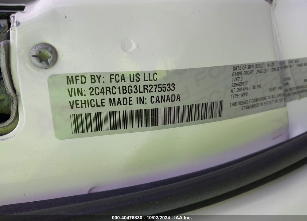 2020 CHRYSLER PACIFICA TOURING L VIN: 2C4RC1BG3LR275533