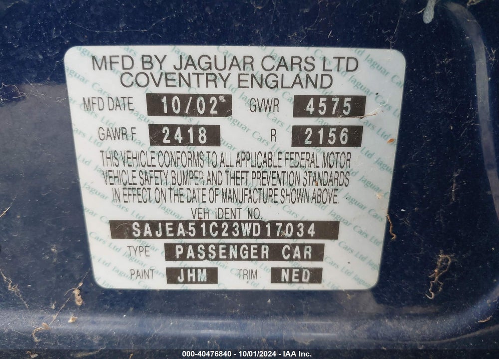 2003 JAGUAR X-TYPE 3.0 VIN: SAJEA51C23WD17034