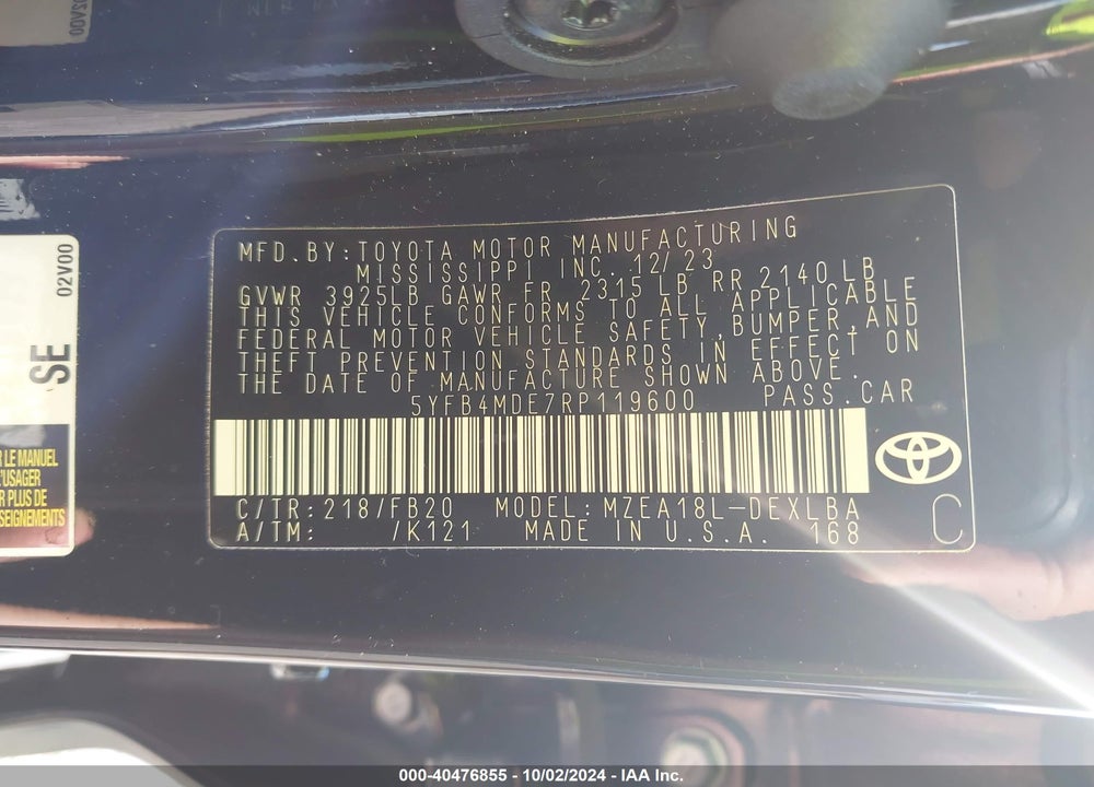 2024 TOYOTA COROLLA VIN: 5YFB4MDE7RP119600