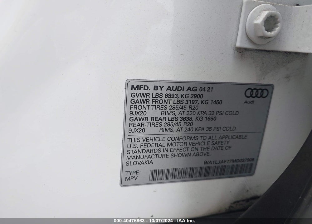 2021 AUDI Q7 PREMIUM PLUS 45 TFSI QUATTRO TIPTRONIC VIN: WA1LJAF77MD037009