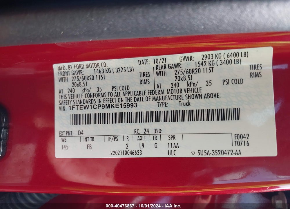 2021 FORD F-150 XLT VIN: 1FTEW1CP9MKE15993