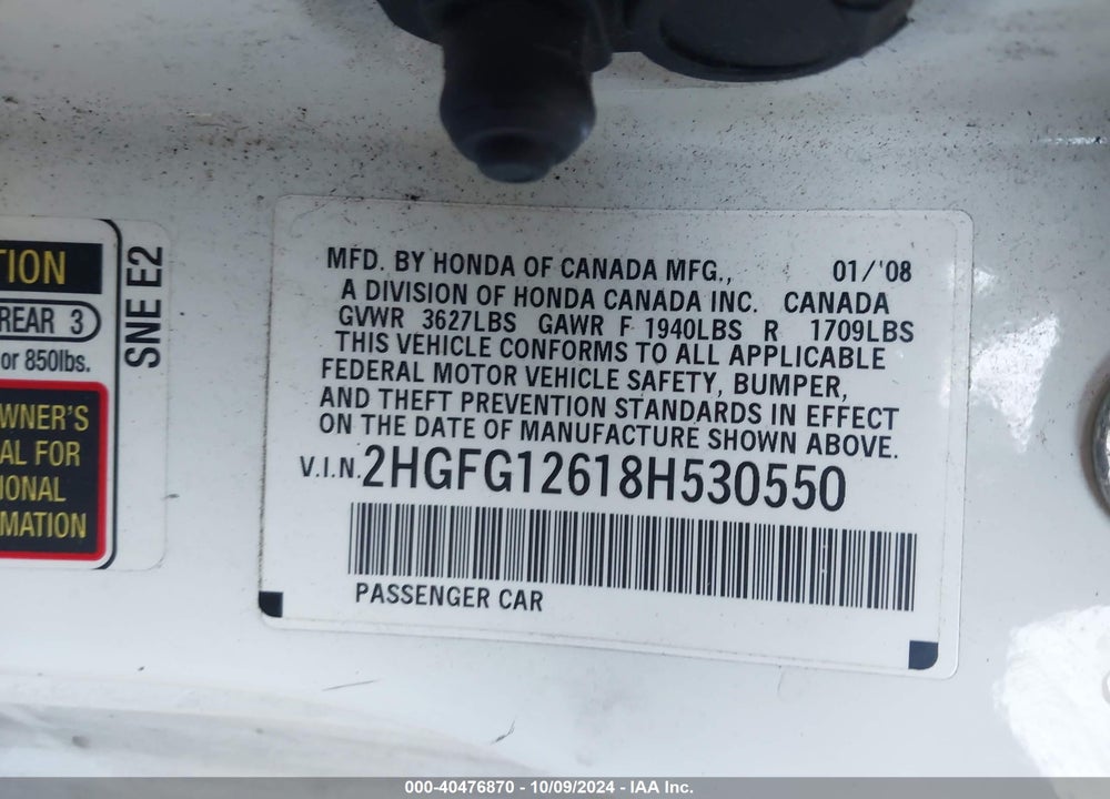 2008 HONDA CIVIC LX VIN: 2HGFG12618H530550