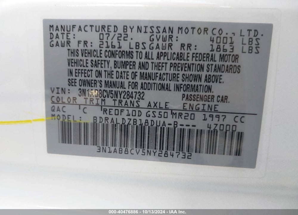 2022 NISSAN SENTRA SV XTRONIC CVT VIN: 3N1AB8CV5NY284732