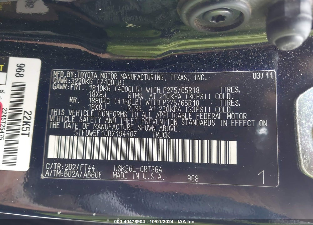 2011 TOYOTA TUNDRA GRADE 5.7L V8 VIN: 5TFUW5F10BX194407