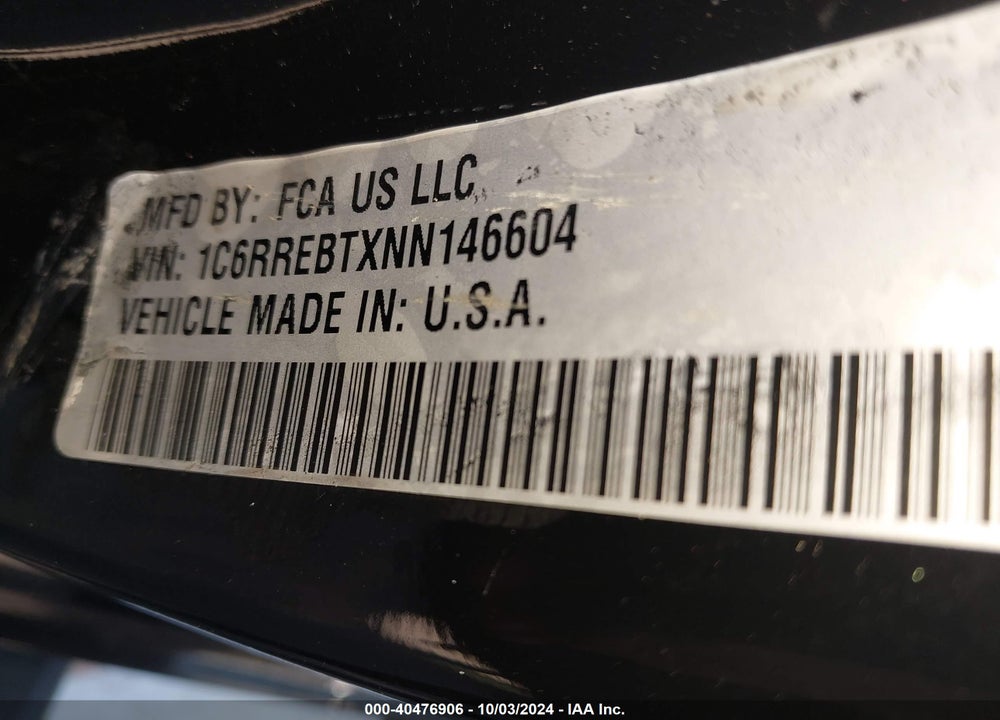2022 RAM 1500 BIG HORN 4X2 6'4 BOX VIN: 1C6RREBTXNN146604